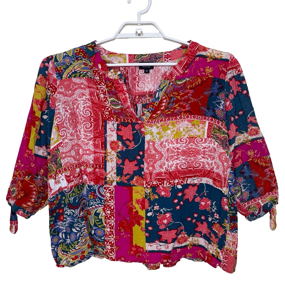 Jones‎ New York Peasant Blouse Red Floral Patchwork Womens 2X Flowy Boho